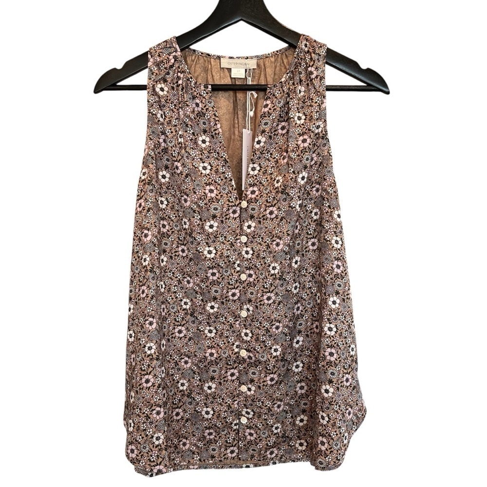 Outerknown Arlyn Sleeveless Split Neck Blouse Brown Tan Floral Small NWT Boho